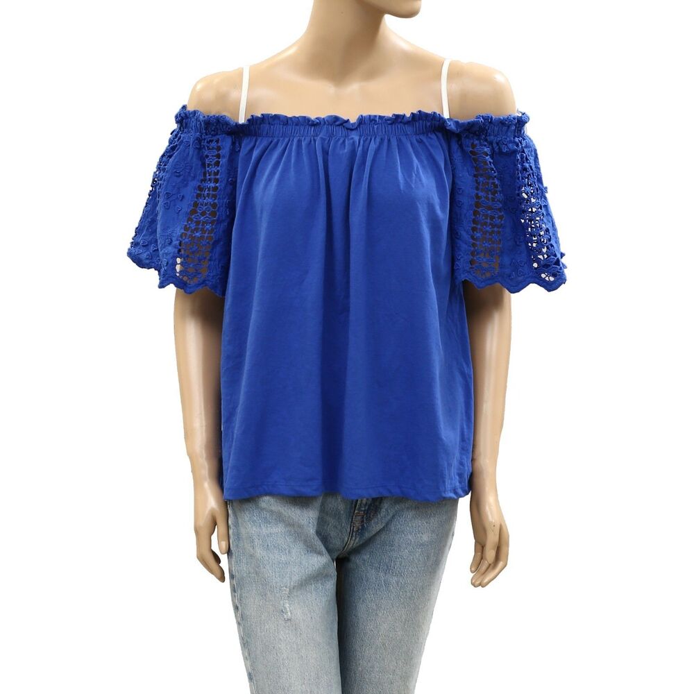 Lilly Pulitzer Fayette Off-The-Shoulder Blouse Top Crochet Ruffle Blue XL 287602 - Picture 5 of 9